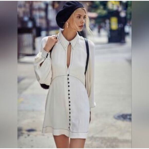 Free People Women's Ivory V-Neck Buttons Festival Boho Oversized Mini Dress Sz S - Picture 1 of 7